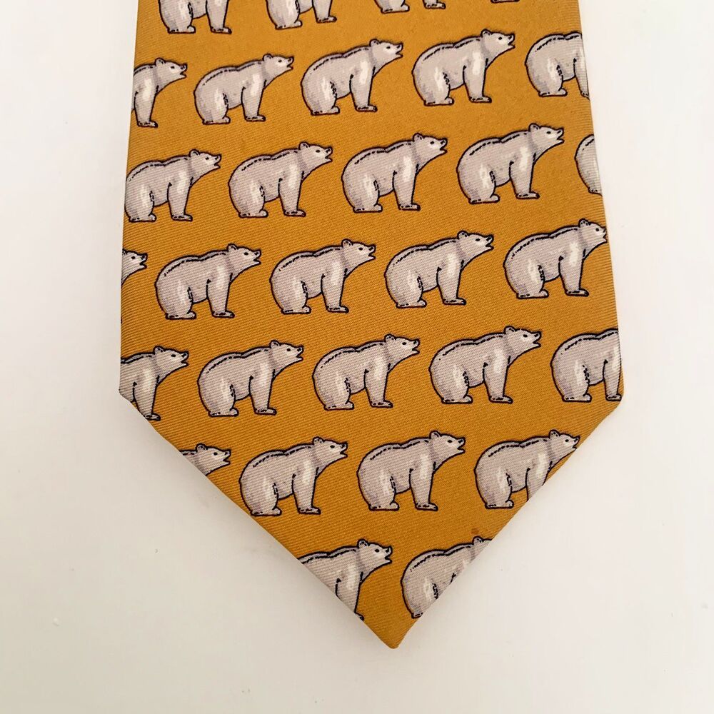 Vintage New & Lingwood Polar Bear 100% Silk Tie English Novelty Mustard Yellow